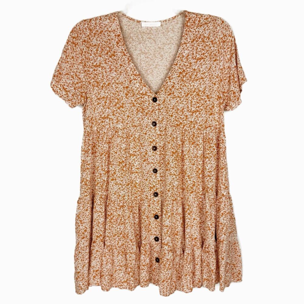 Ces Femme Orange Floral Boho Tiered Button Up Mini Relaxed Fit Dress Sz Medium